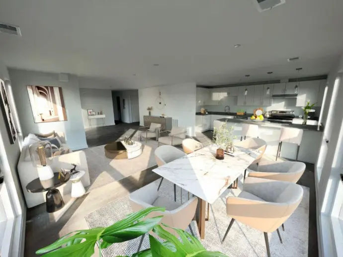 The W Lofts living space with kitchen